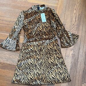 NWT HVN Mini Ashley Zebra Print Velvet Bell Sleeve Dress, Size 0